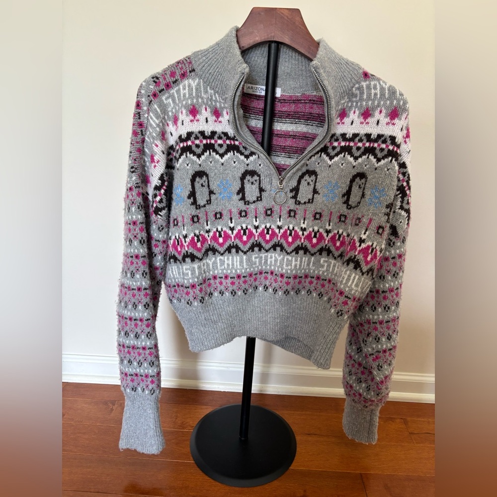 Arizona Jean Co Penguin Sweater Small Gray Half Zip Fair Isle Holiday Winter